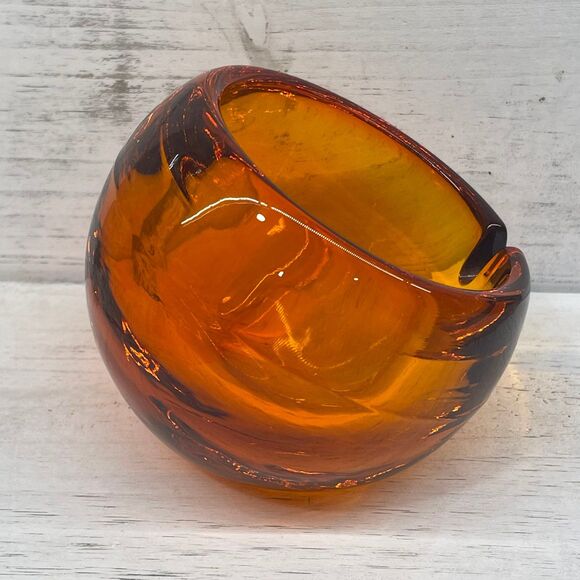 Vintage Amber Persimmon Orb Shaped Viking Glass Ashtray Mid-Century Modern MCM - Picture 4 of 8